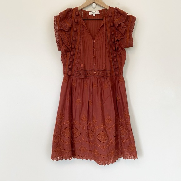 SEA New York Boho Dress Lace Pom Poms Clay Red Brown size 0 - Picture 2 of 10